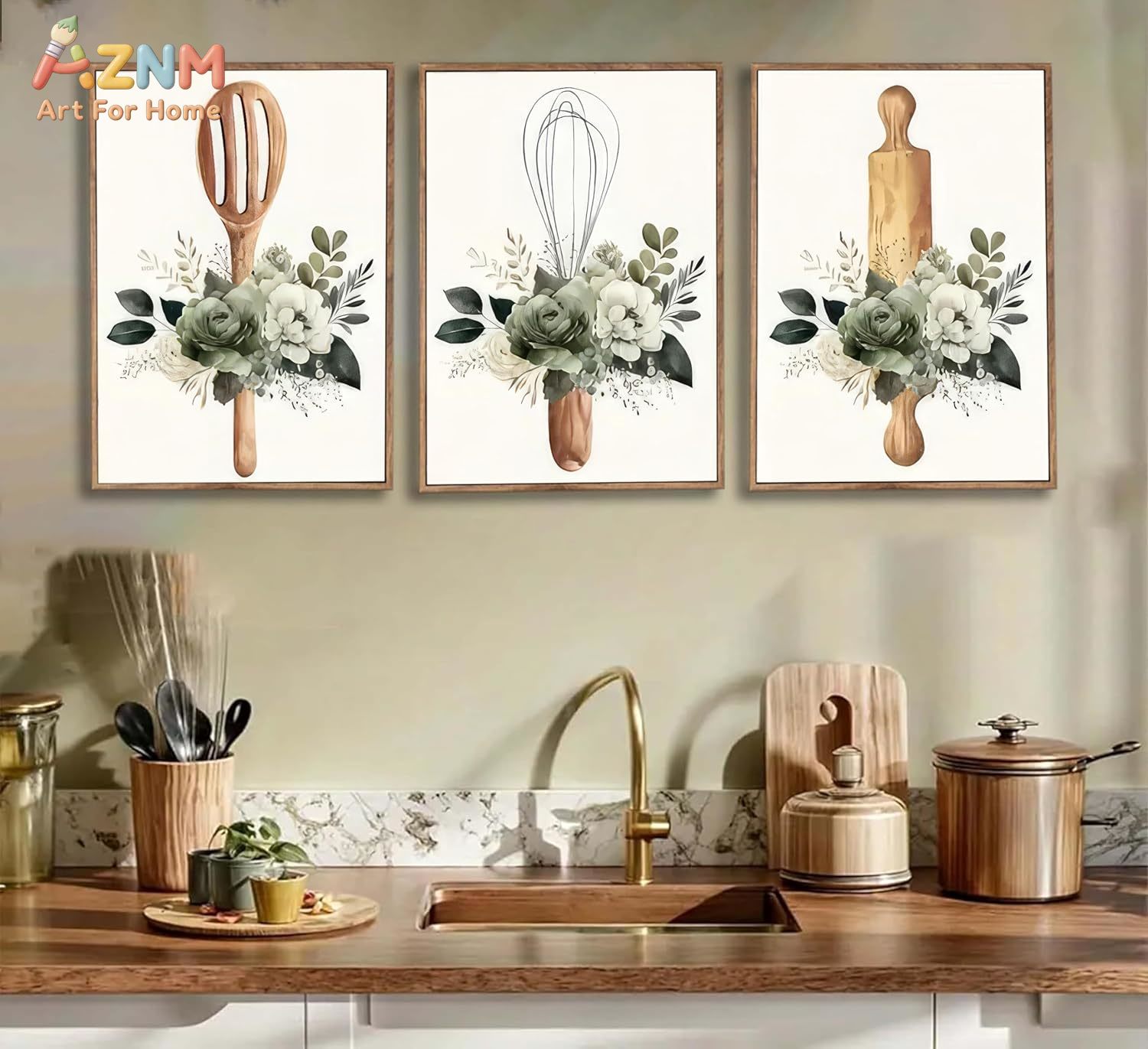Home Cooking Utensils - AZNM Kitchen Utensils Floral Canvas Wall