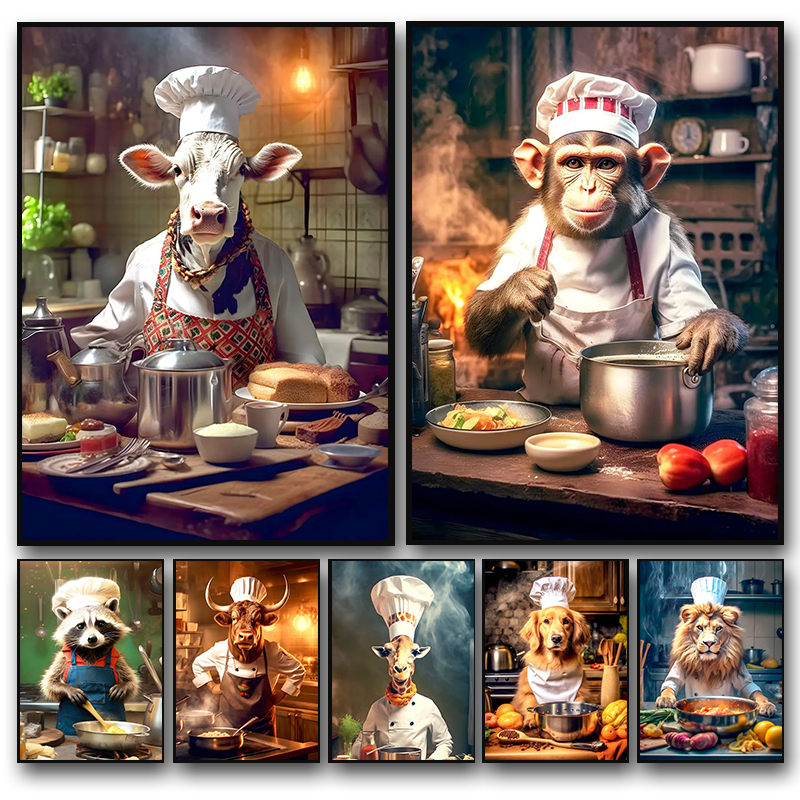 Home Cooking Kitchen - Modern Animal Chef Poster Monkey Raccoon